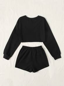 SHEIN 女孩落肩蝴蝶和標語圖案套頭衫和短褲套裝 - 黑色 - 查看 2