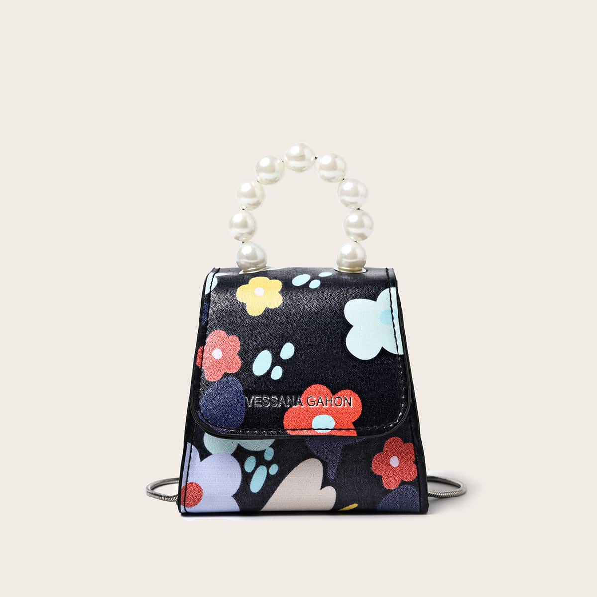 

Mini Faux Pearl Handle Floral Graphic Satchel Bag, Black