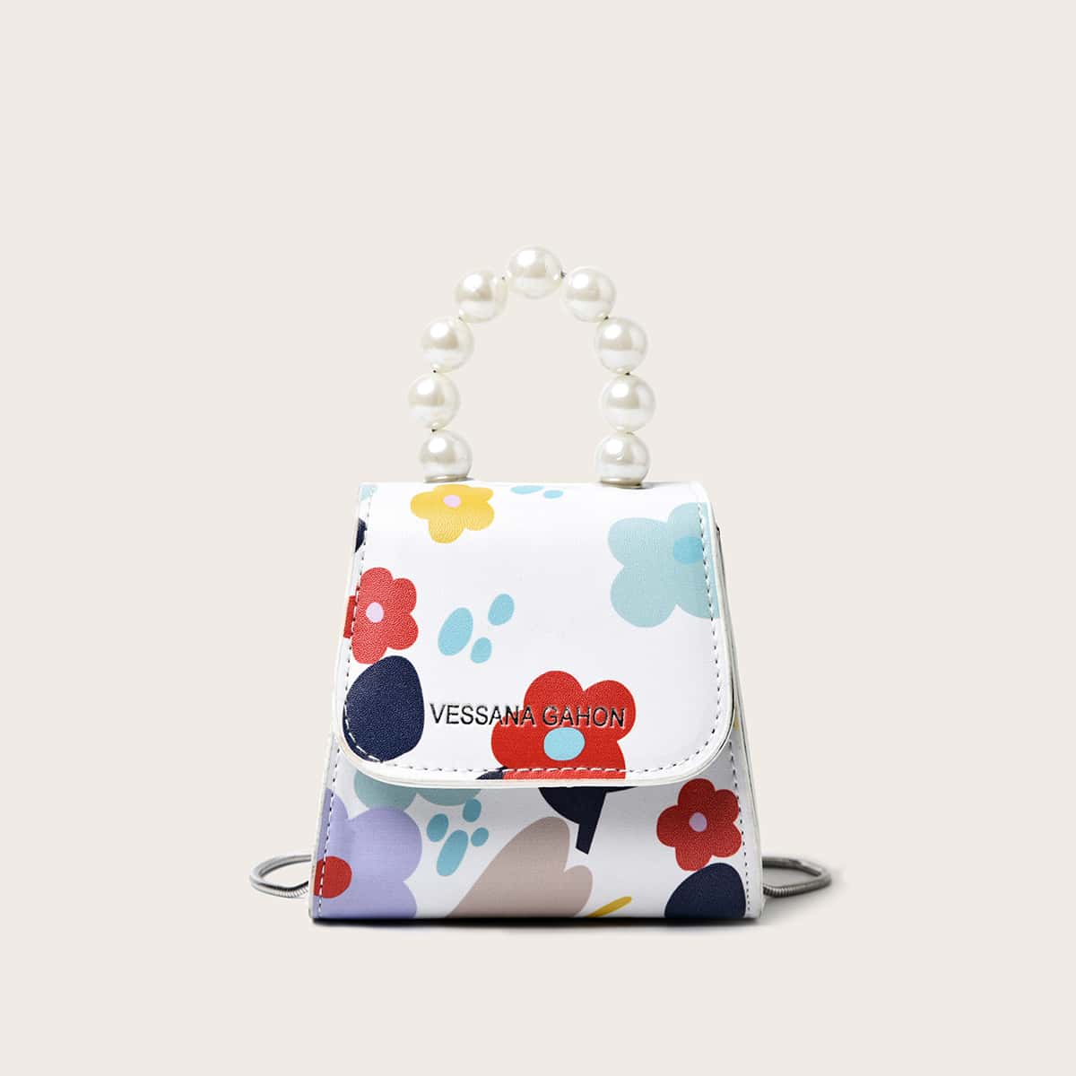 

Mini Faux Pearl Handle Floral Graphic Satchel Bag, White
