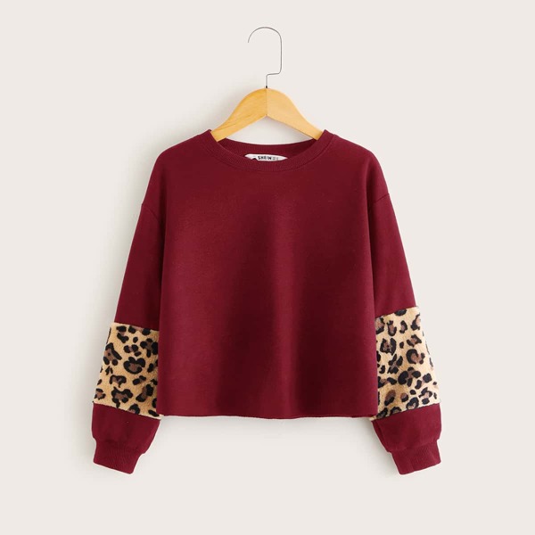 

Girls Leopard Fleece Insert Pullover, Burgundy