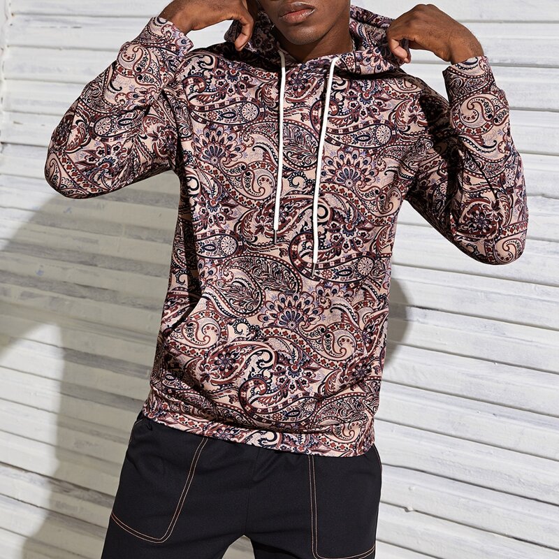 

Guys Pouch Pocket Paisley Print Hoodie, Multicolor