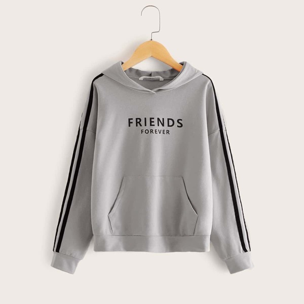 

Girls Slogan Print Striped Side Pocket Front Hoodie, Grey