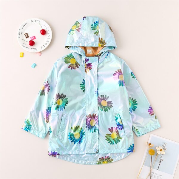 

Toddler Girls Flower Print Hooded Windbreaker Jacket, Mint blue