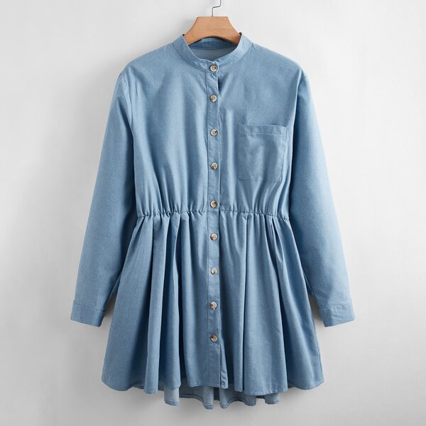 

Plus Button Front Ruffle Hem Denim Top, Medium wash