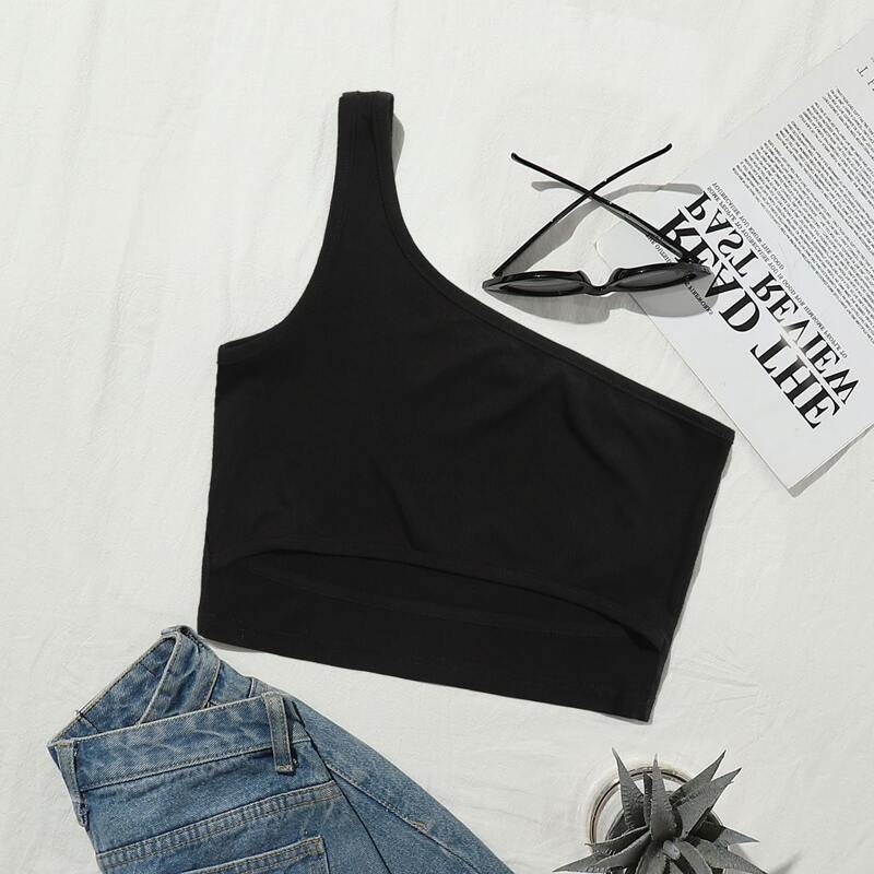 

Solid Cut Out One Shoulder Crop Top, Black