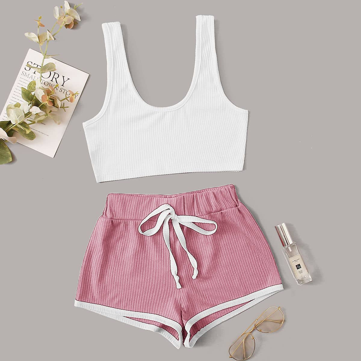 

Rib-knit Tank Top & Letter Graphic Knotted Shorts PJ Set, Multicolor