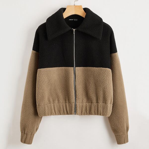 

Color Block Zip Up Teddy Jacket, Multicolor