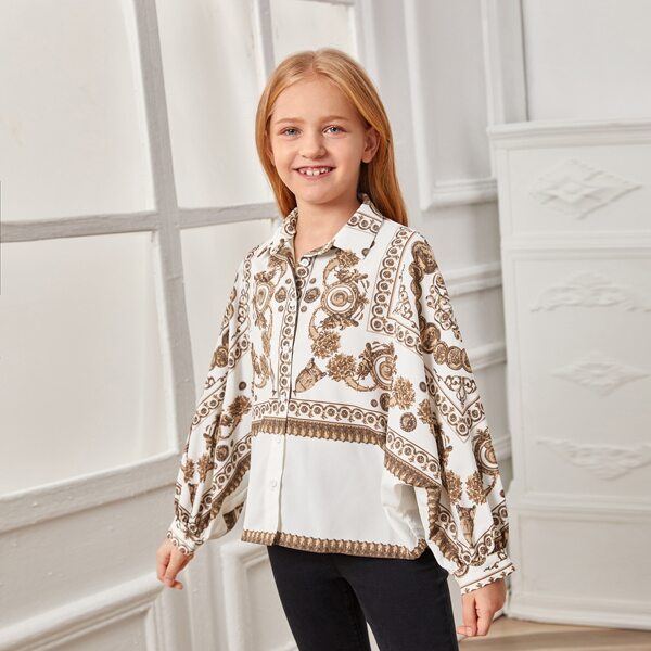 

Girls Collared Batwing Sleeve Scarf Print Blouse, White