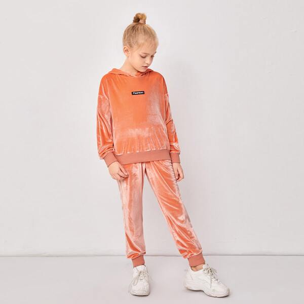 

Girls Letter Patched Velvet Hoodie & Pants Set, Orange