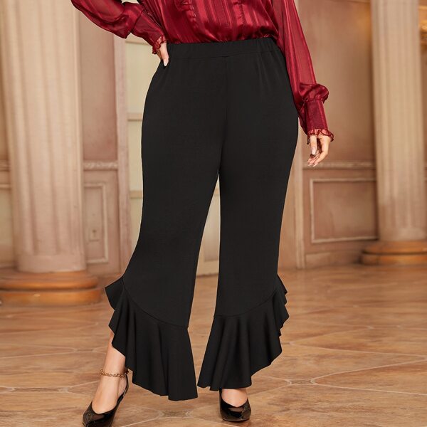 

Plus Asymmetrical Ruffle Hem Flare Leg Pants, Black