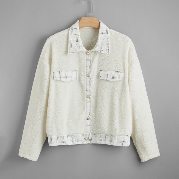 

Plus Contrast Plaid Trim Flannel Jacket, White