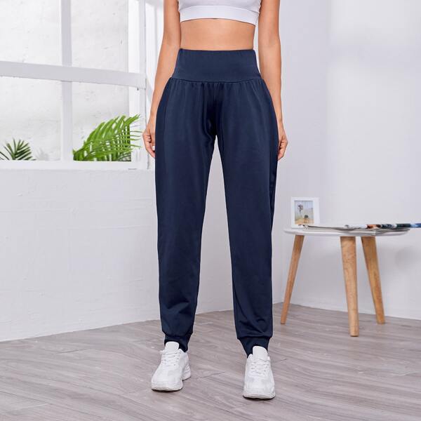 

Wide Waistband Solid Sports Pants, Navy blue