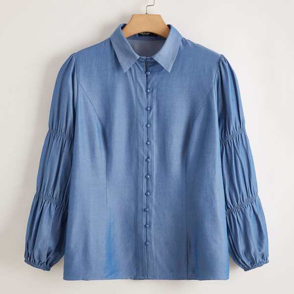

Plus Lantern Sleeve Button Up Blouse, Blue