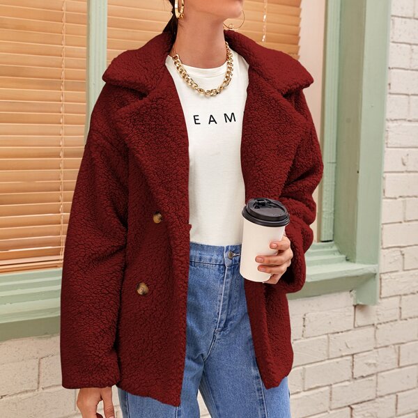 

Solid Lapel Neck Double Breasted Teddy Coat, Burgundy