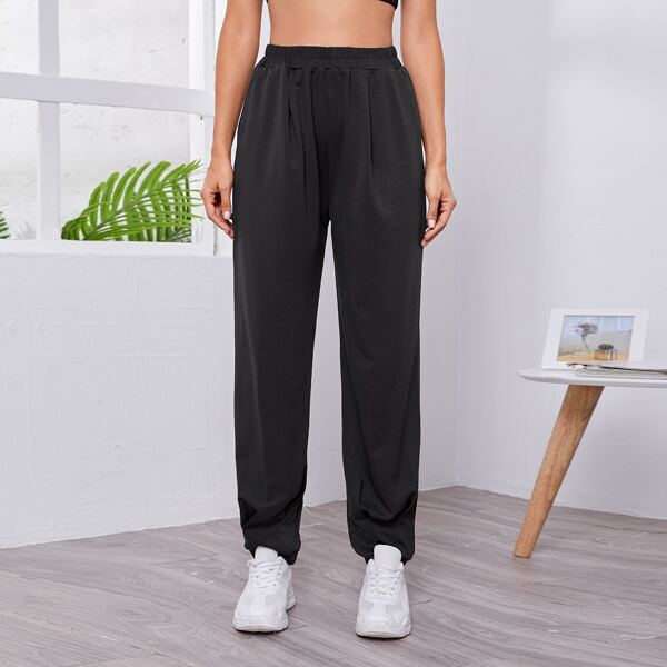 

Solid High Waist Sports Pants, Black