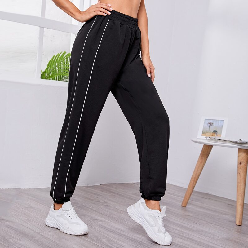 

Contrast Piping High Waist Sports Pants, Black
