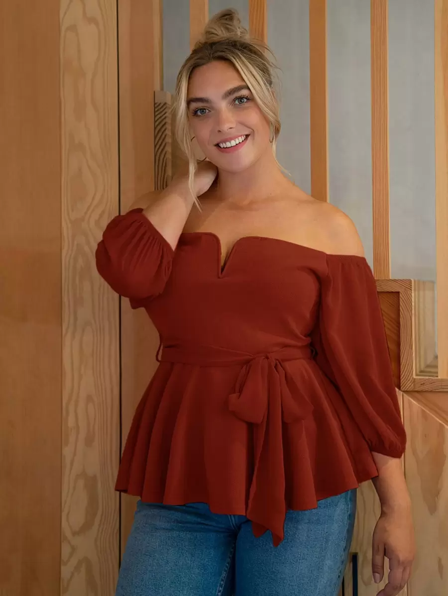 SHEIN Privé Plus Notched Off Shoulder Belted Peplum Top - Rust Brown - View 1