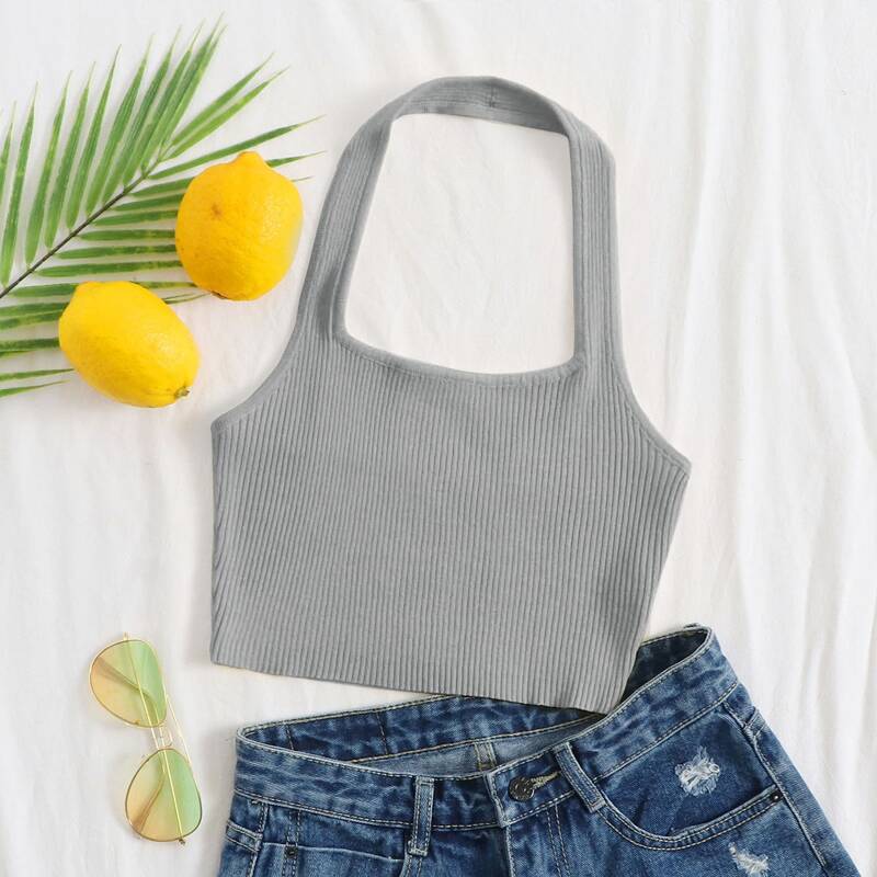 

Solid Rib-knit Halter Top, Grey