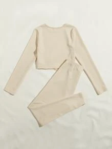 SHEIN EZwear 羅紋針織素色上衣和繫帶腰緊身褲套裝 - 米色 - 查看 2