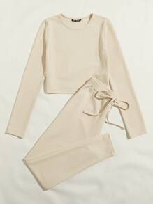 SHEIN EZwear 羅紋針織素色上衣和繫帶腰緊身褲套裝 - 米色 - 查看 3