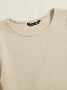 SHEIN EZwear 羅紋針織素色上衣和繫帶腰緊身褲套裝 - 米色 - 查看 4