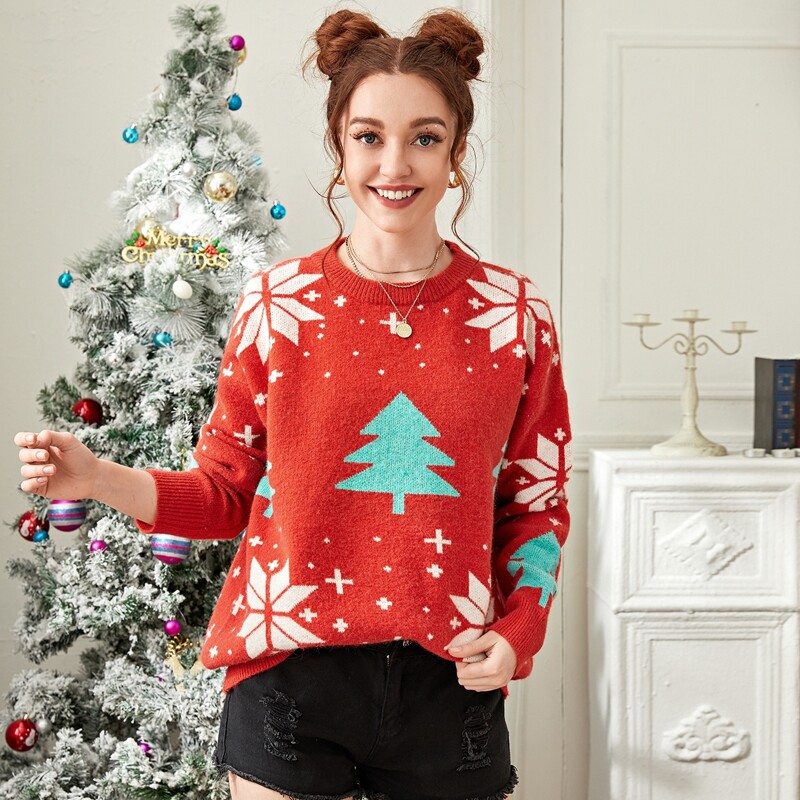 

Christmas Pattern Drop Shoulder Sweater, Red