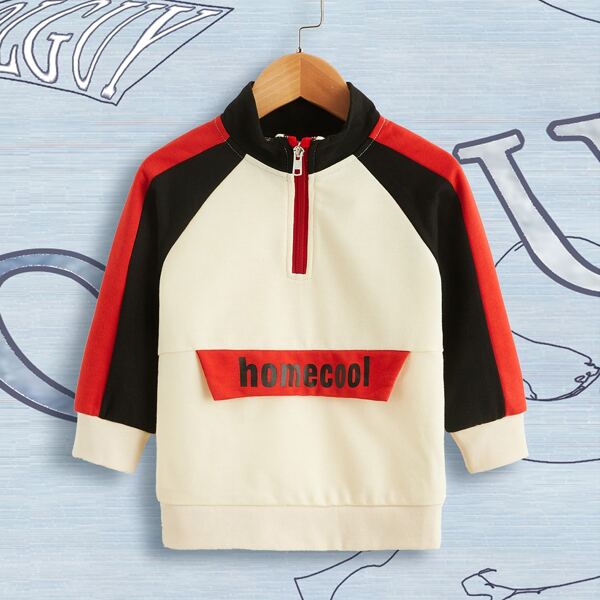 

Toddler Boys Color-block Letter Print Half Zip Sweatshirt, Beige