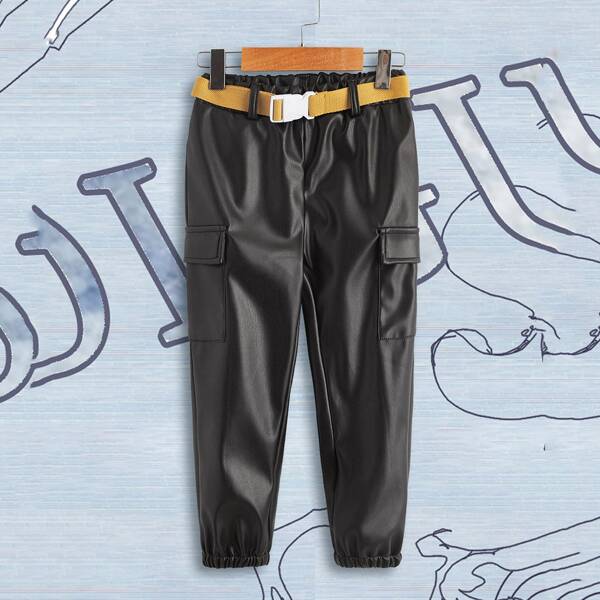 

Toddler Boys PU Flap Pockets Belt Cargo Pants, Black