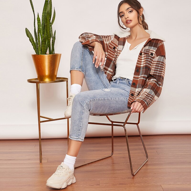 

Single Breasted Flap Detail Plaid Coat, Multicolor