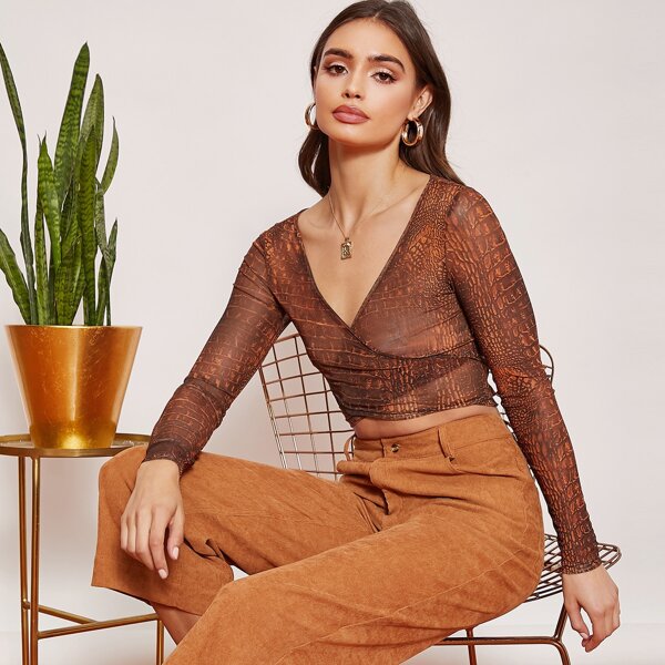 

Cross Wrap Tie Back Crocodile Embossed Mesh Top, Multicolor
