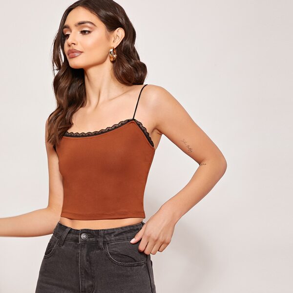 

Lace Trim Crop Cami Top, Brown