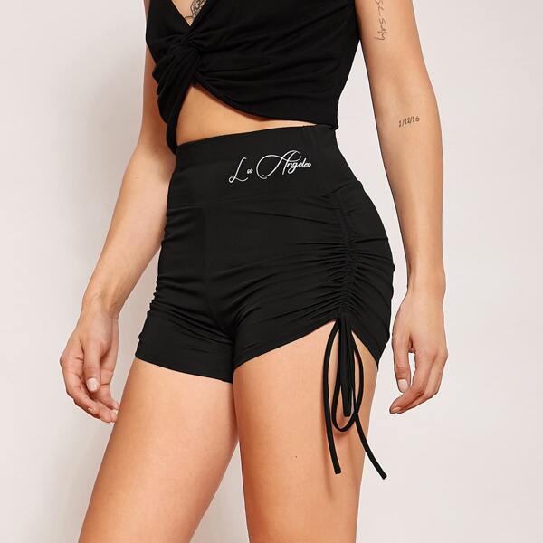 

Letter Graphic Ruched Knot Side Biker Shorts, Black