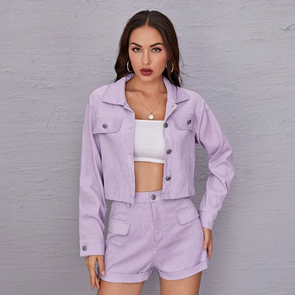 

Button Up Corduroy Top With Shorts, Lilac purple