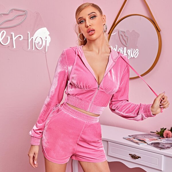 

Zip Up Ruched Bust Hooded Velvet Jacket & Shorts Set, Pink