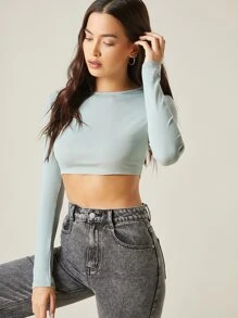 SHEIN BASICS Cotton Solid Crop Top - Mint Blue - View 1