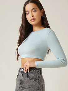 SHEIN BASICS Cotton Solid Crop Top - Mint Blue - View 3