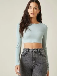 SHEIN BASICS Cotton Solid Crop Top - Mint Blue - View 4