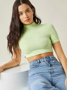 SHEIN BASICS 小高領羅紋針織短版上衣 - 青檸色 - 查看 2