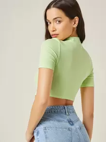 SHEIN BASICS 小高領羅紋針織短版上衣 - 青檸色 - 查看 3