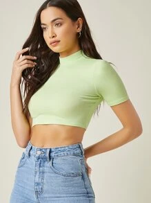 SHEIN BASICS 小高領羅紋針織短版上衣 - 青檸色 - 查看 4