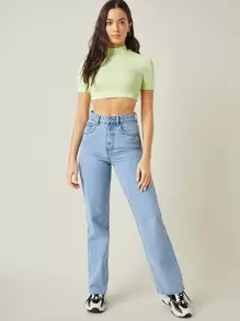 SHEIN BASICS 小高領羅紋針織短版上衣 - 青檸色 - 查看 6
