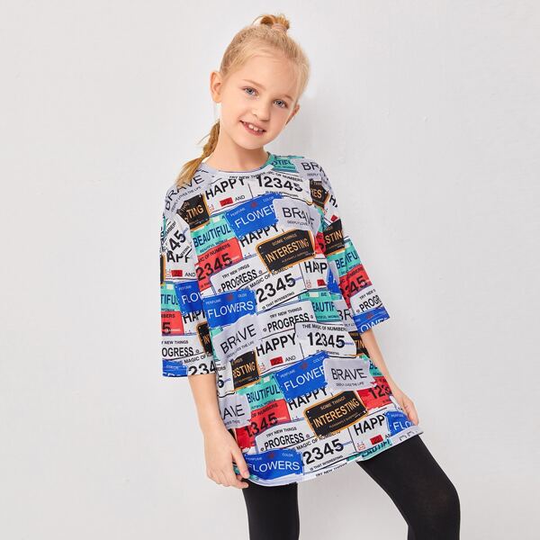 

Girls Drop Shoulder Allover Letter Tee, Multicolor