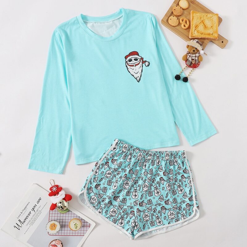 

Cartoon Graphic Tee & Shorts PJ Set, Mint blue
