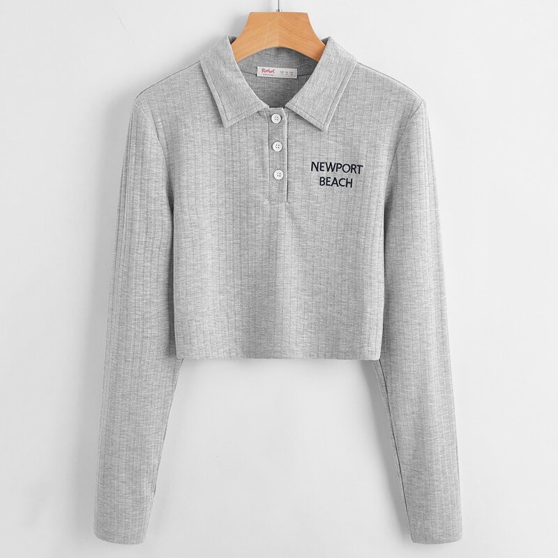 

Letter Embroidery Polo Crop Tee, Light grey