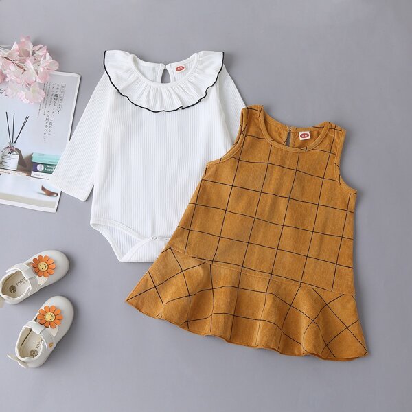 

Baby Girl Ruffle Trim Ribbed Bodysuit & Corduroy Plaid Dress, Multicolor
