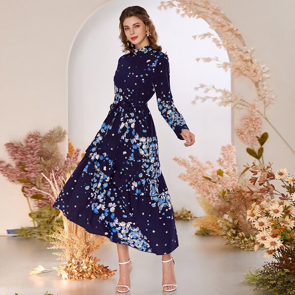 

Floral Print Mock Neck Asymmetrical Hem Belted Dress, Navy blue