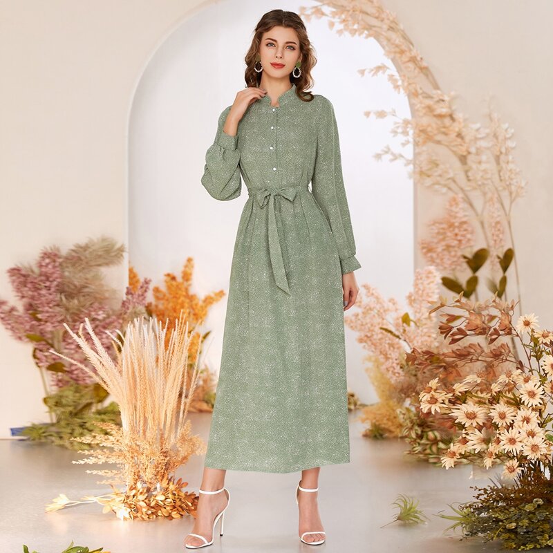 

All Over Print Self Tie Shirt Dress, Mint green