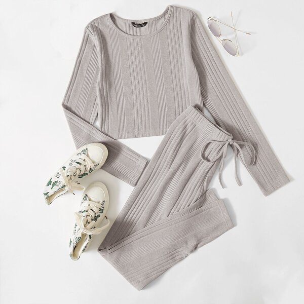 

Solid Rib-knit Tee & Tie Waist Leggings Set, Light grey