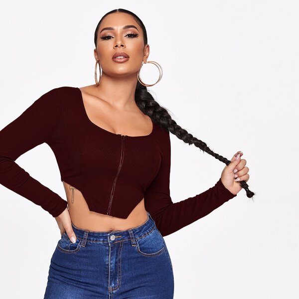 

Zip Up Asymmetrical Hem Crop Top, Maroon