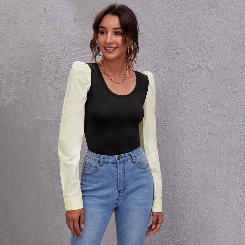 

Puff Sleeve Two Tone Slim Top, Black
